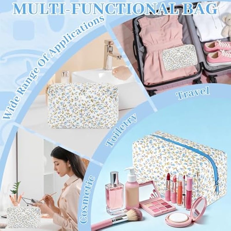 URSKYTOUS Cotton Quilted Makeup Bag Small Cosmetic Bag Floral Puffy Cute Travel Makeup Organizer Coquette Toiletry Makeup Pouch Aesthetic Portable Zipper Storage Bag for Women Teen Girls Kids (Blue) - Image 3